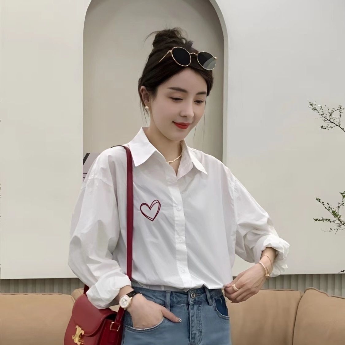 格瑞吉奧白色愛心襯衫女長袖設計感小眾春夏新款寬鬆上衣百搭襯衣