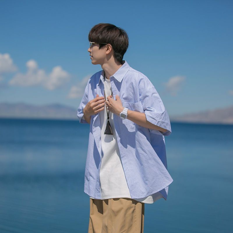 条纹短袖衬衫男夏季新款潮牌宽松翻领衬衣美式百搭高级感休闲外套