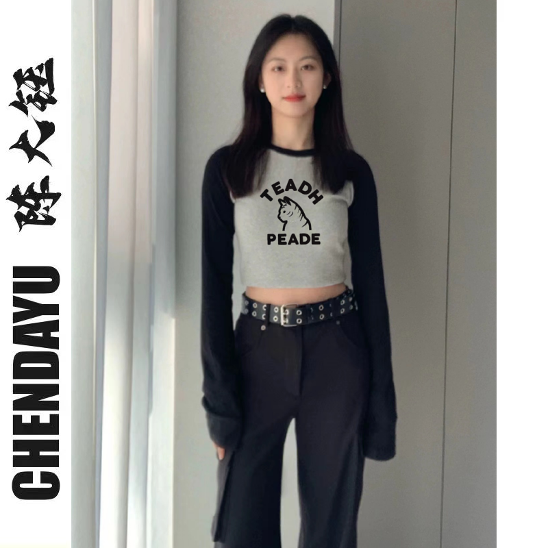 Retro short letter T-shirt women's autumn new sweet hot girl long-sleeved loose bottoming shirt design top