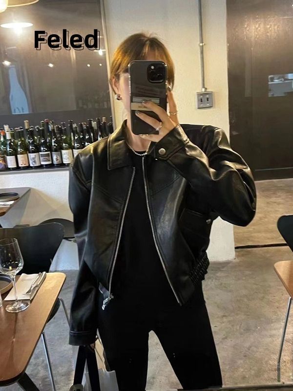 Feira Denton black short leather jacket American retro early autumn jacket for men and women, cool and versatile fashionable jacket