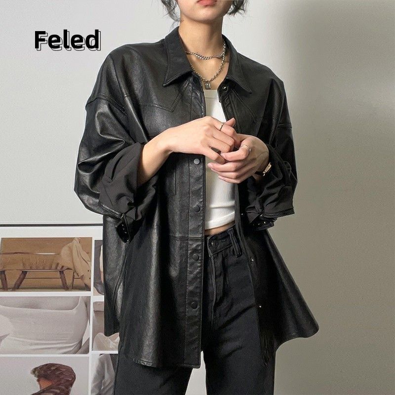 Feila Denton 2023 American retro black PU leather jacket for men and women, versatile loose motorcycle wear oversize jacket