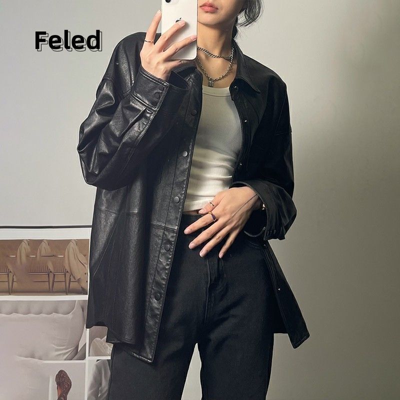 Feila Denton 2023 American retro black PU leather jacket for men and women, versatile loose motorcycle wear oversize jacket