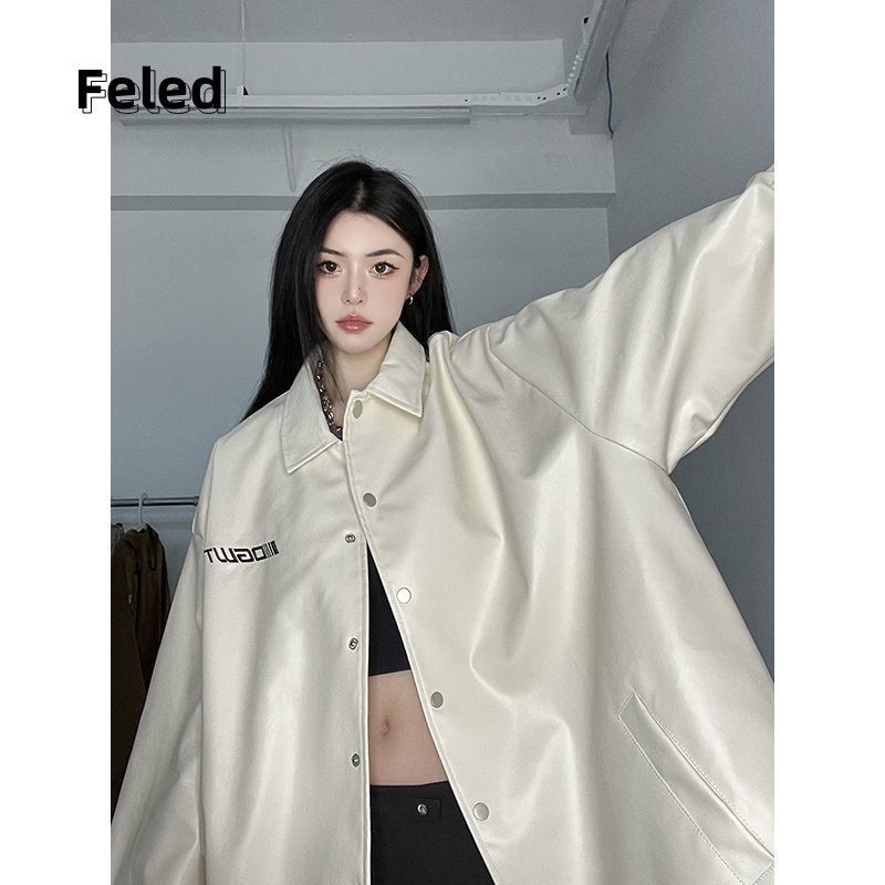 Feira Denton jacket for men and women with pu leather design niche early autumn loose oversize American retro top