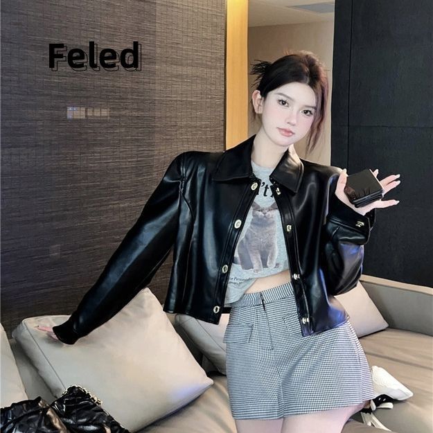 Feira Denton's high-end and super good-looking short leather jacket for men and women, sweet and cool niche chic shoulder pad jacket top