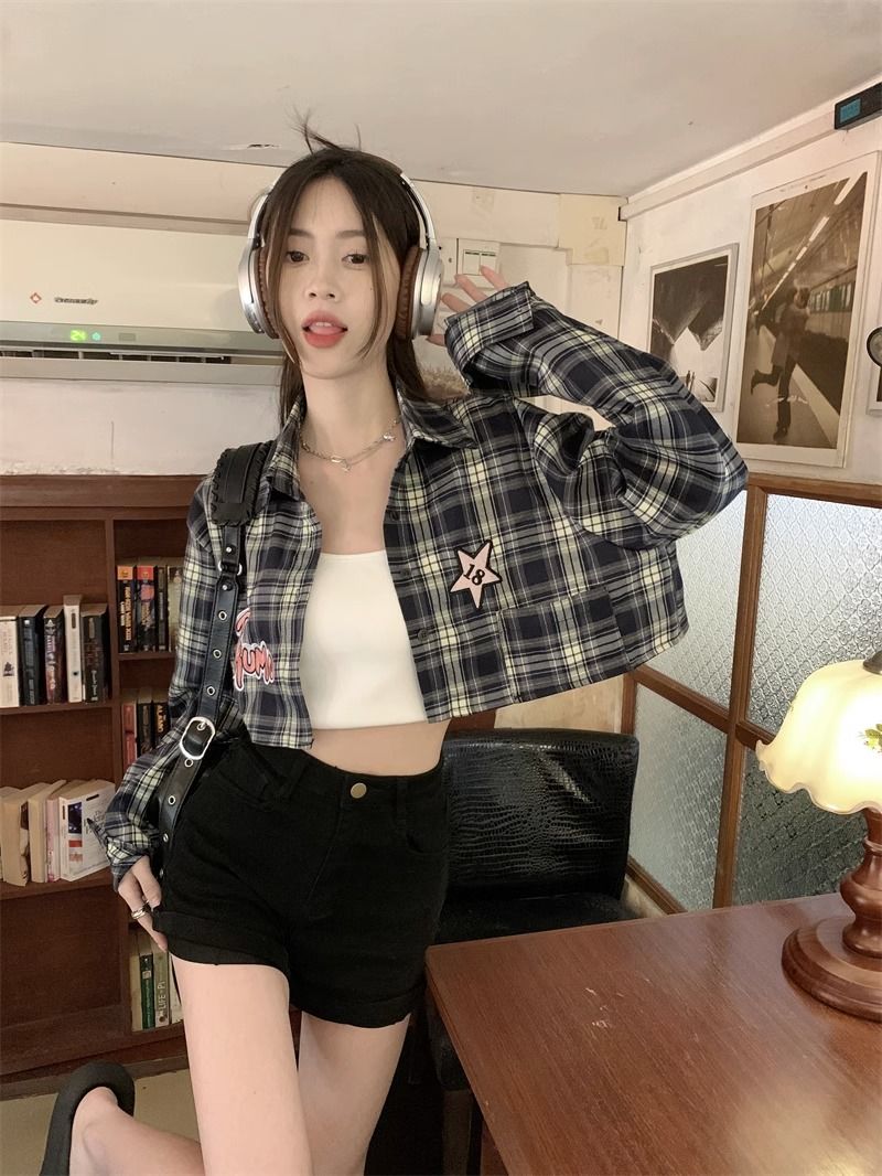 小眾設計感短款格子襯衫女款夏季港風寬鬆百搭長袖高級感上衣外套