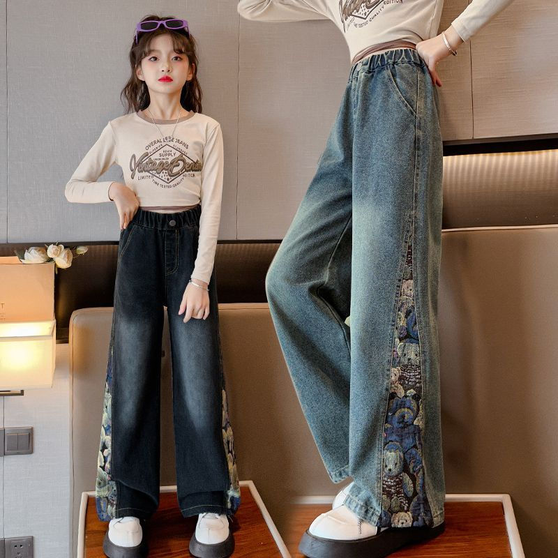 女童牛仔褲春秋小學生闊腿褲時髦洋氣寬鬆秋季中大童外穿兒童褲子