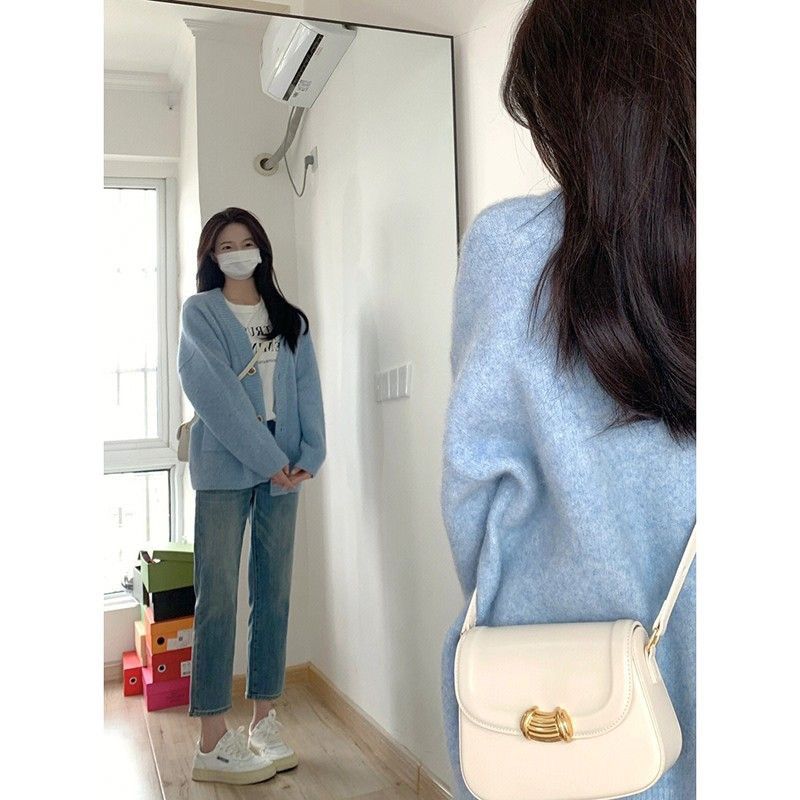 藍色針織開衫女秋冬外穿軟糯溫柔奶fufu的毛衣外套寬鬆慵懶風上衣