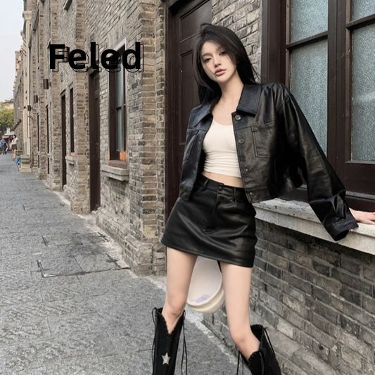 Feira Denton 2023 new sweet and cool black leather jacket men and women trendy retro American versatile tops