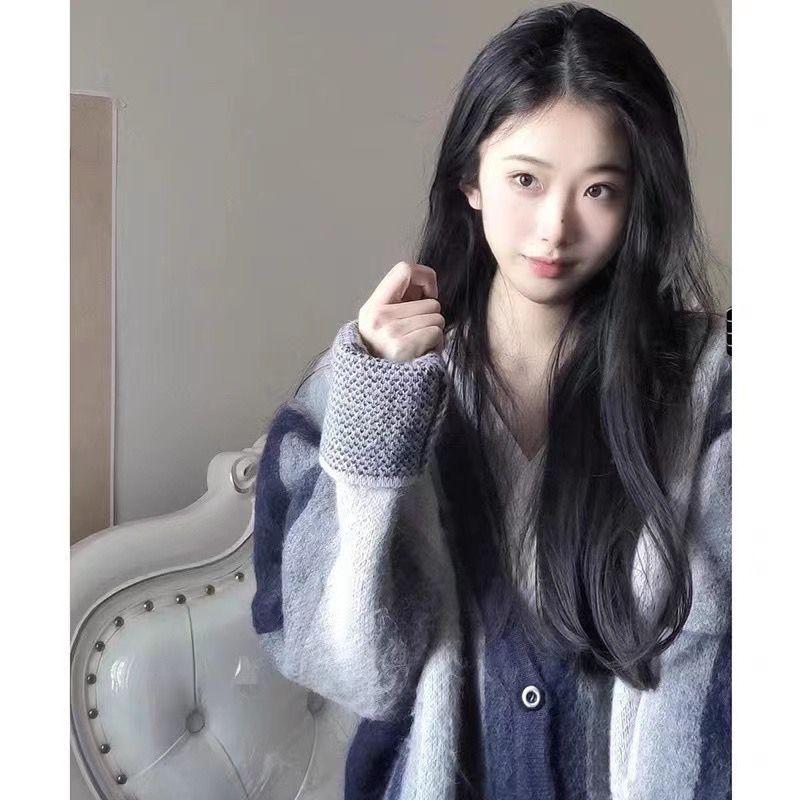 慵懶風復古休閒撞色女秋冬季外穿新款設計感毛絨針織開衫外套女