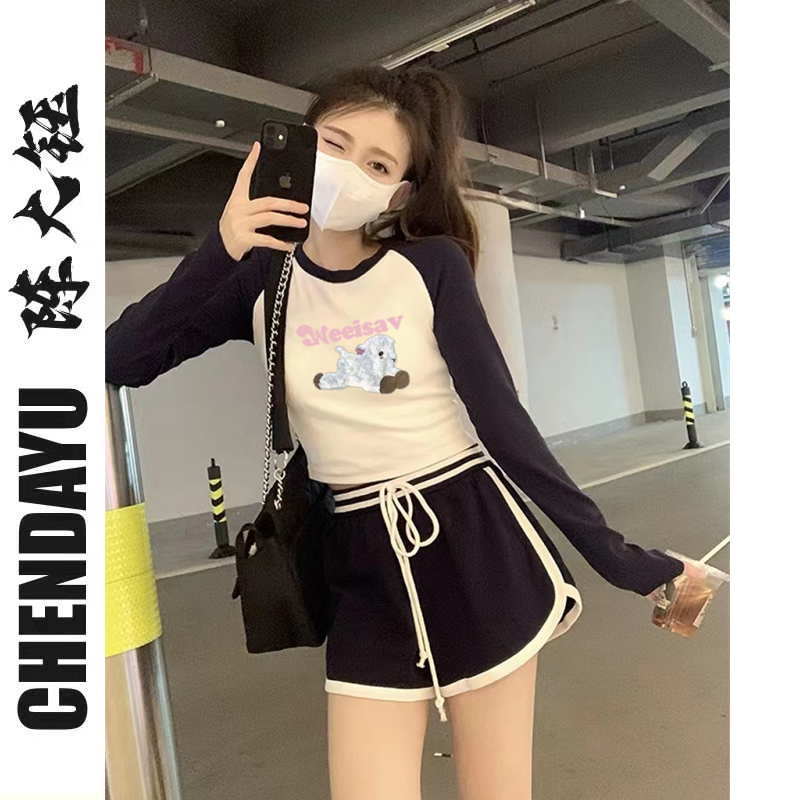Cartoon printed raglan sleeve t-shirt female slim high waist long-sleeved bottoming slimming short hot girl navel top