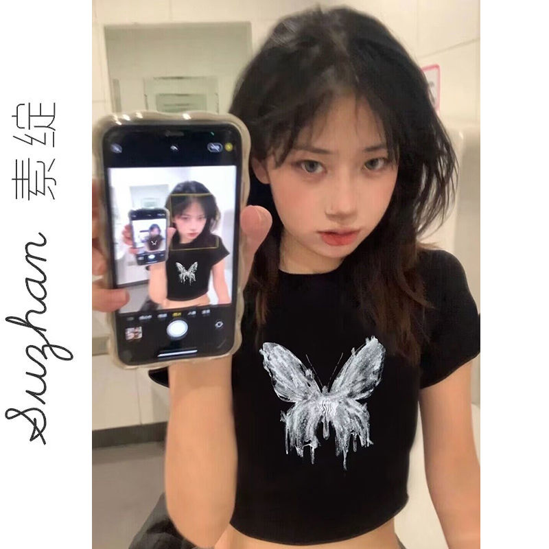 正肩顯瘦印花短款t恤女小眾設計感純棉圓領百搭露臍短袖純棉上衣