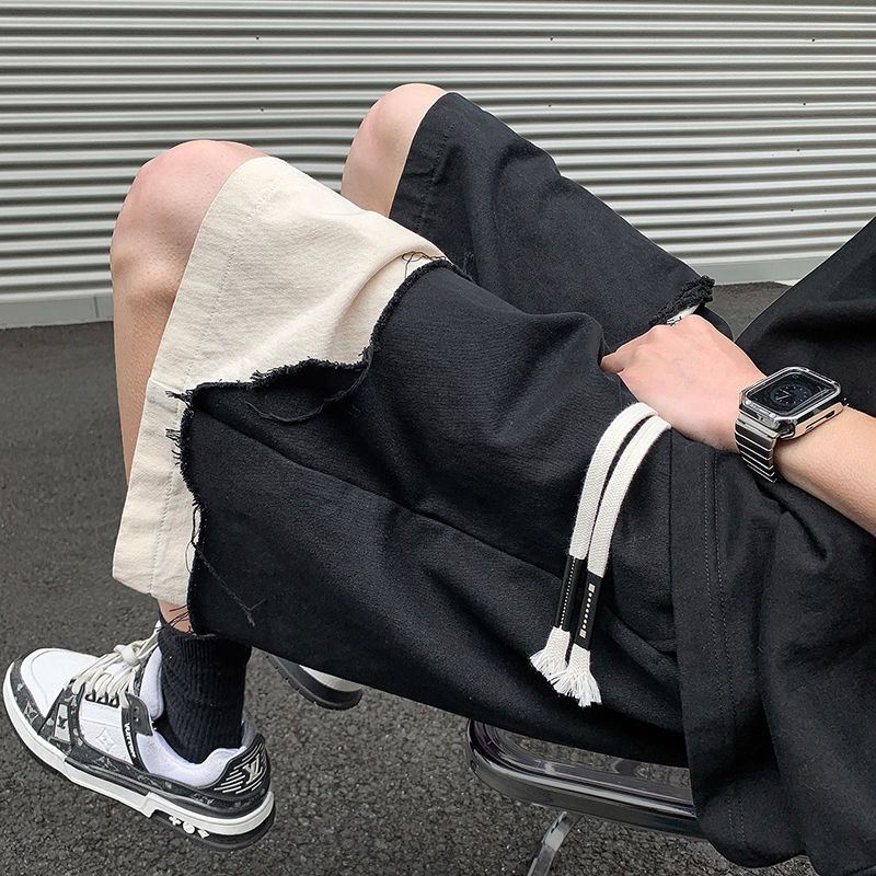 拼接撞色设计感休闲短裤男夏季阔腿直筒运动五分裤美式高街裤子