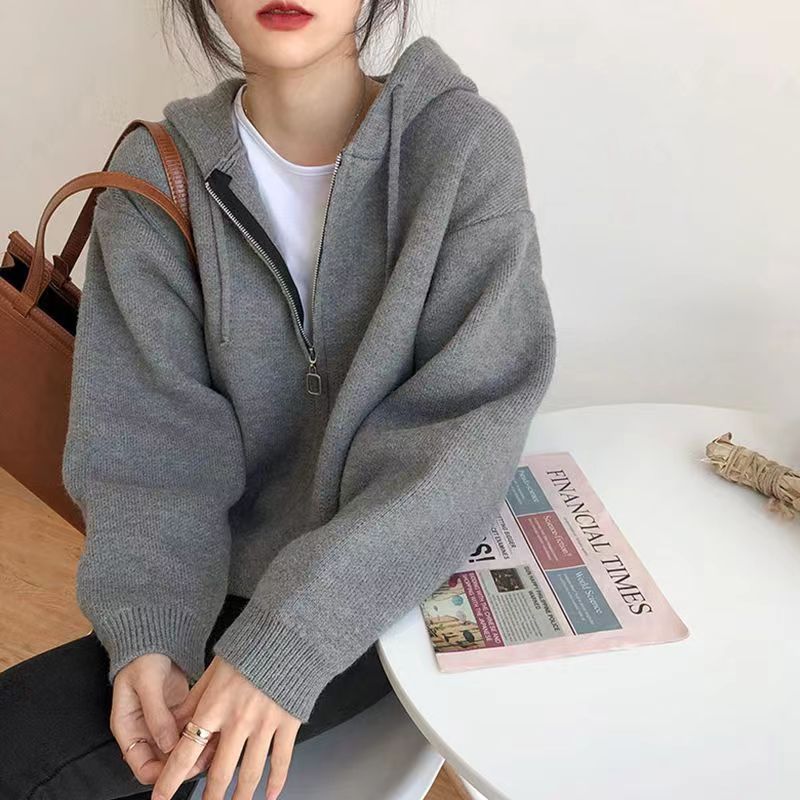 純色百搭連帽針織衫衛衣女寬鬆慵懶風韓版毛衣開衫外套上衣棒球服