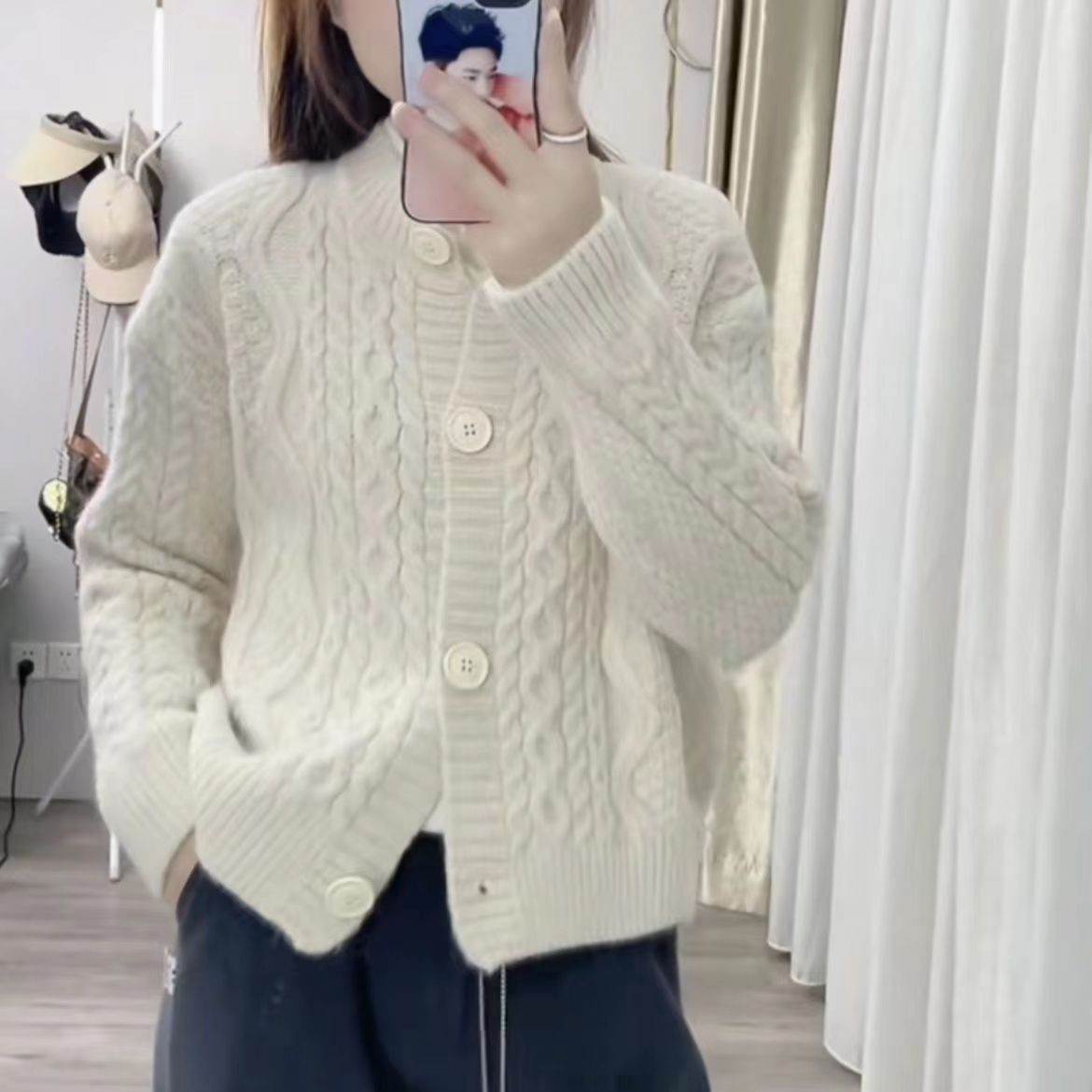 Niche design knitted cardigan women's tops  spring and autumn new loose round neck solid color twist sweater for women