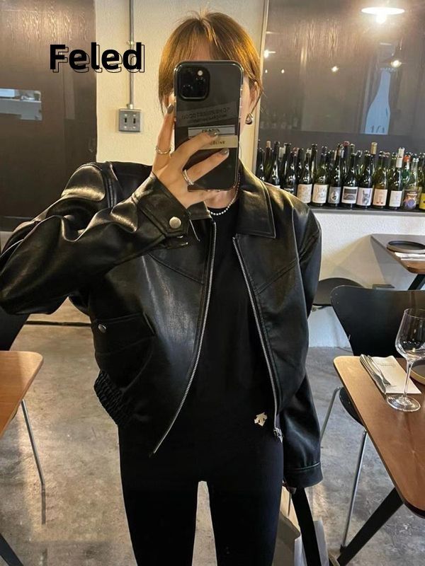 Feira Denton black short leather jacket American retro early autumn jacket for men and women, cool and versatile fashionable jacket