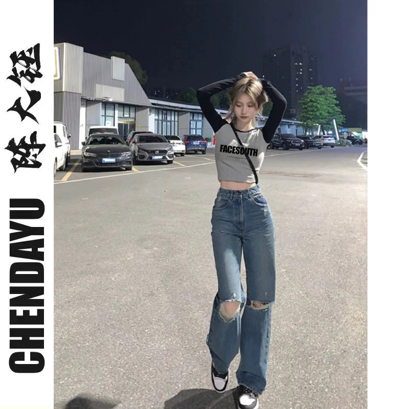 Chen Dayu front-shoulder hit color t-shirt early autumn new self-cultivation bottoming shirt female Hong Kong flavor retro chic long-sleeved top