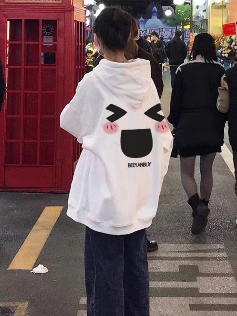 白色連帽衛衣女秋冬oversize設計感小眾別致獨特卡通表情加絨外套