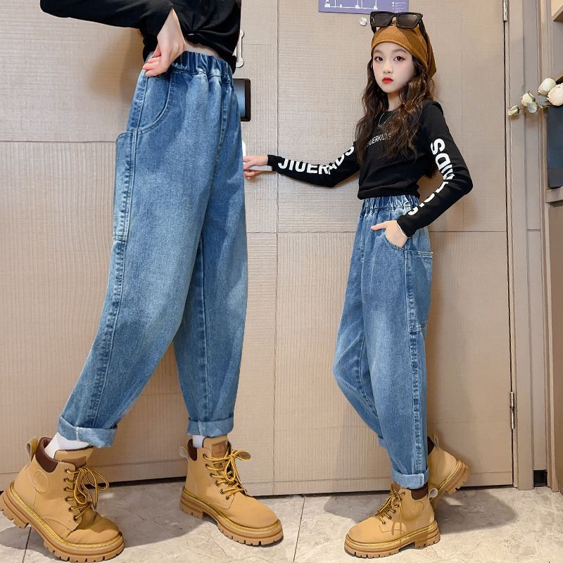 女童褲子春秋款女孩寬鬆秋季時髦洋氣大童秋裝兒童小腳老爹牛仔褲