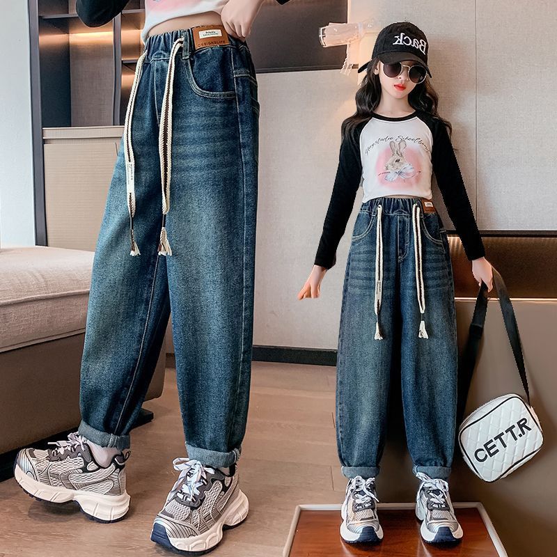 女童牛仔褲春秋款女孩休閒寬鬆洋氣時髦老爹褲中大童秋裝兒童褲子