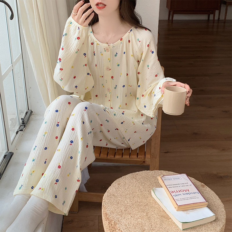 春秋季棉紗睡衣長袖女款夏天純棉2023年新款甜美碎花可外穿家居服