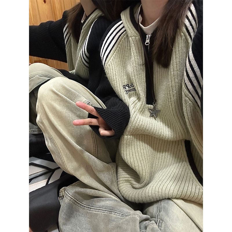 秋冬季拼條連帽毛衣女綠色插肩袖撞色簡約國潮牌高級感時髦上衣潮