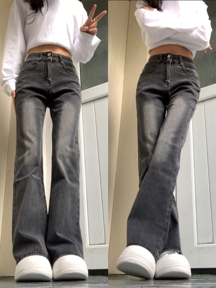 黑灰色微喇叭牛仔褲女秋季新款高腰彈力修身顯瘦百搭直筒拖地褲子