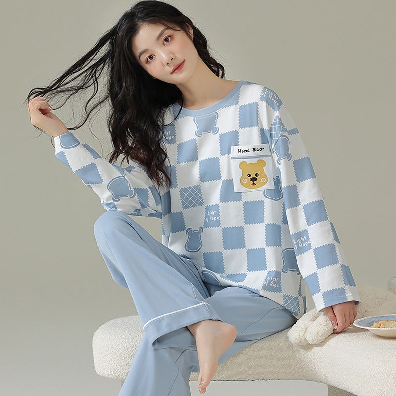 新品睡衣女春秋季長袖長褲學生套裝冬天休閒寬鬆可愛家居服可外穿