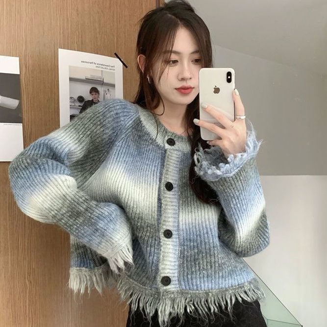 洋氣撞色彩虹開衫外套女秋冬寬鬆毛衣2023新款長袖慵懶針織衫上衣