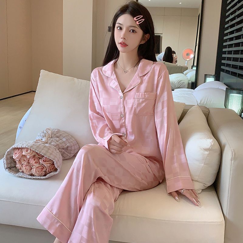 2023年新款格子睡衣女春秋冰絲長袖氣質網紅高級感夏天家居服套裝