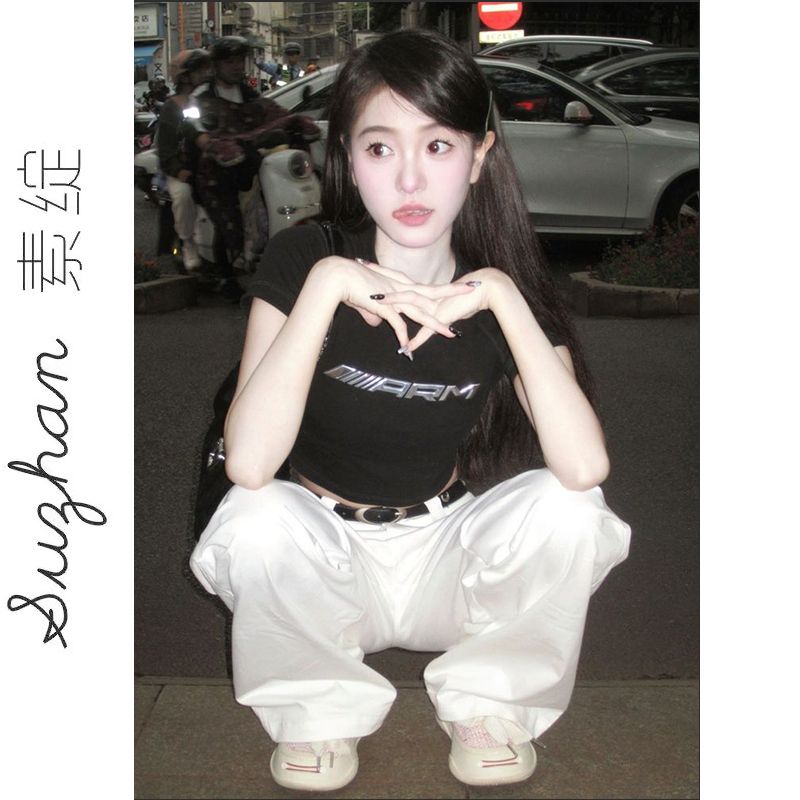 新款韓版外穿hiphop辣妹短款黑色印花短袖t恤女夏季百搭顯瘦上衣