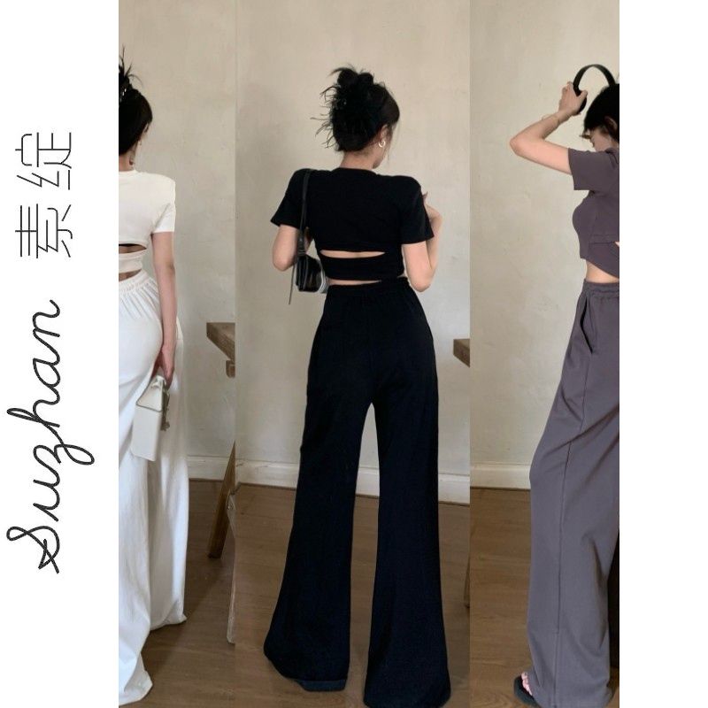 夏季新款純色圓領小心機露腰短袖t恤衫女小眾獨特百搭圓領上衣服