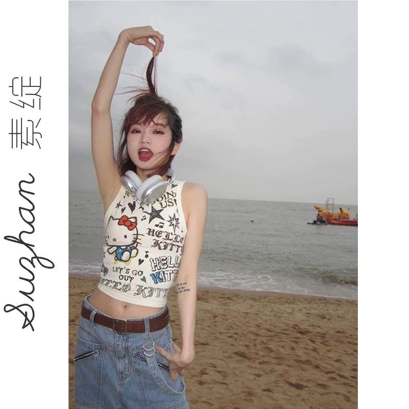 白色外穿內搭圓領背心吊帶女甜美日系軟妹子滿印花無袖露臍上衣