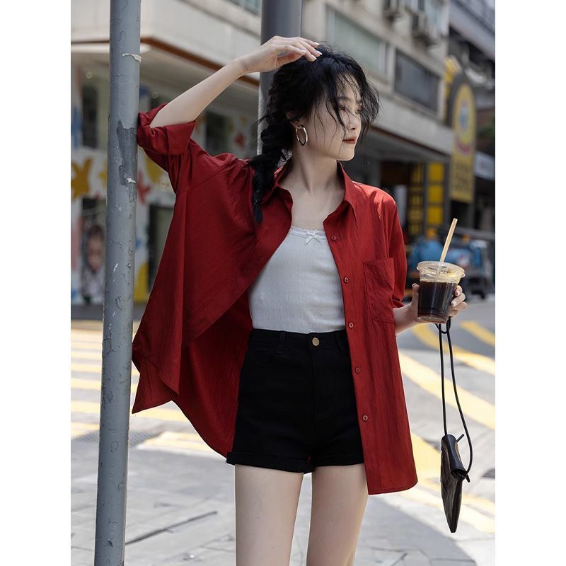 长袖休闲百搭POLO衬衫法式设计感春秋新款复古红色宽松上衣外套女