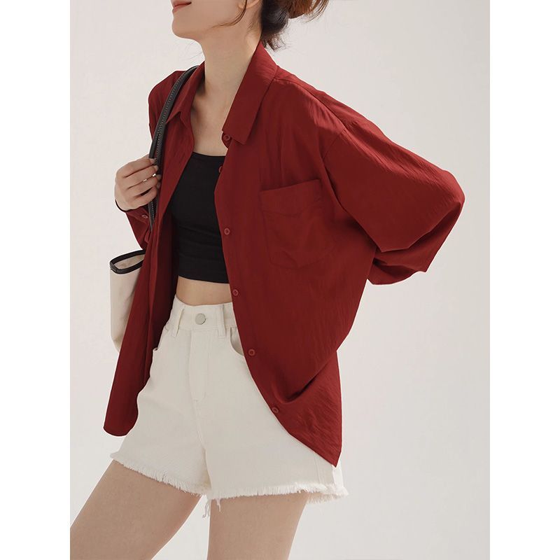 法式复古红色长袖衬衫外套洋气慵懒风2023年新款设计感宽松上衣女