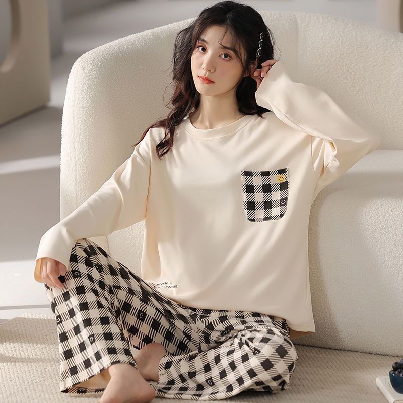 新品睡衣女春秋季長袖長褲學生套裝冬天休閒寬鬆可愛家居服可外穿
