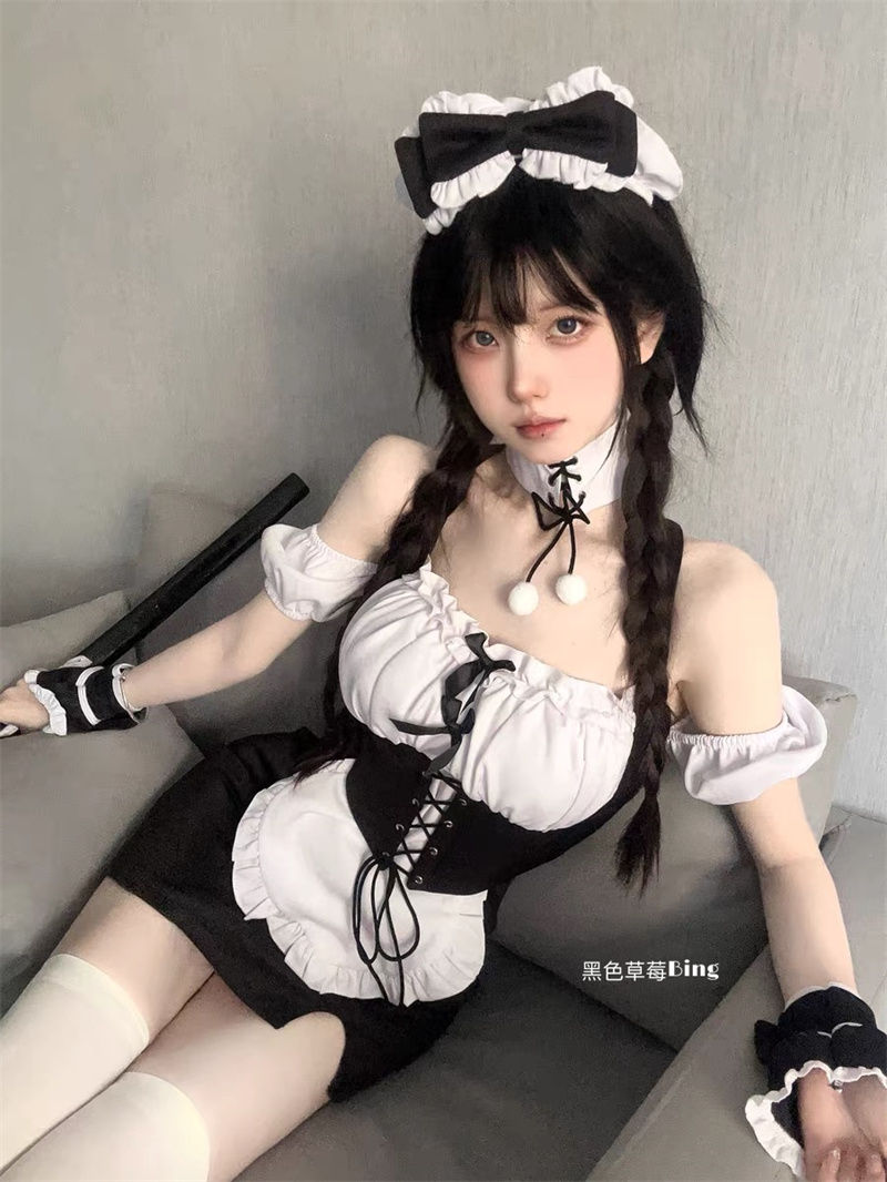 純欲風性感辣妹女僕裝收腰顯瘦抹胸連衣裙女設計感開叉包臀短裙子