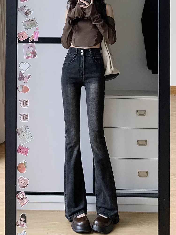 煙灰色微喇叭牛仔褲女秋季新款辣妹高腰彈力緊身顯瘦直筒拖地褲子