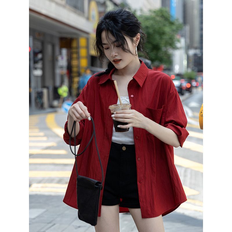 长袖休闲百搭POLO衬衫法式设计感春秋新款复古红色宽松上衣外套女