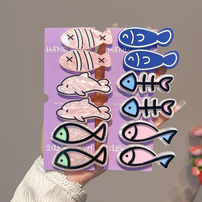 卡通小魚骨頭髮夾女前額碎發劉海夾趣味可愛鴨嘴夾兒童發卡頭飾夏