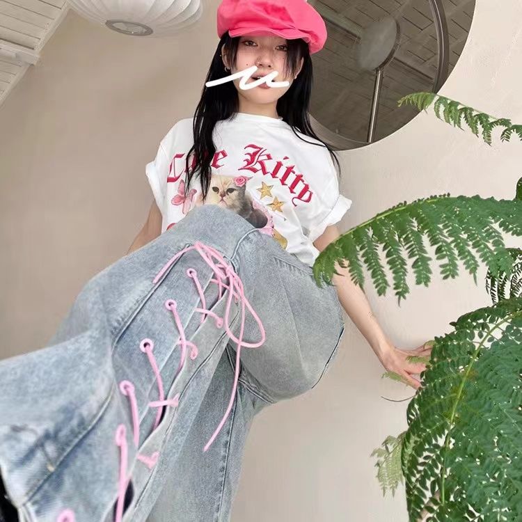 淺藍色微喇叭牛仔褲女粉色綁帶設計感百搭顯瘦修身彈力秋冬季潮流