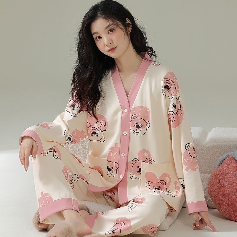 新款睡衣女春秋季長袖開衫學生寬鬆網紅套裝冬天家居月子服可外穿