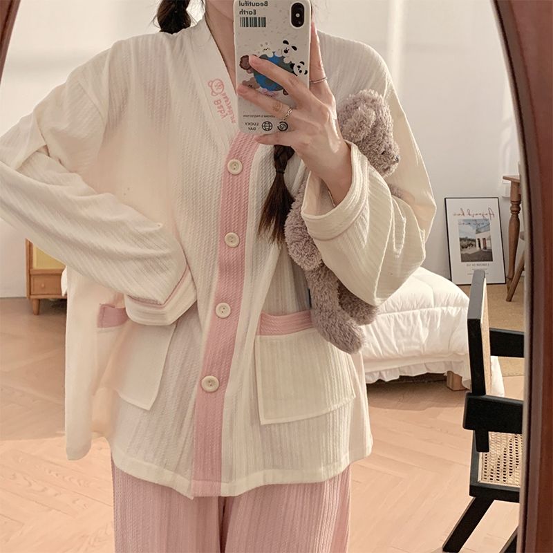 睡衣女春秋季純棉刺繡長袖長褲可愛高級感開衫日系家居服兩件套冬