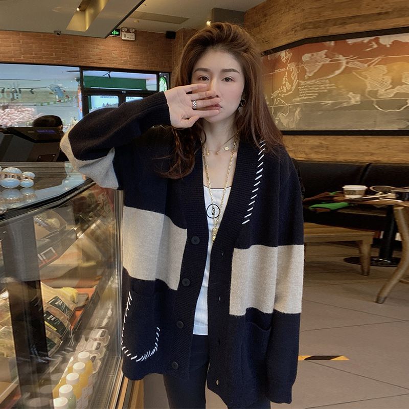 黑色撞色毛衣外套針織開衫女春秋新款設計感小眾寬鬆慵懶風上衣女