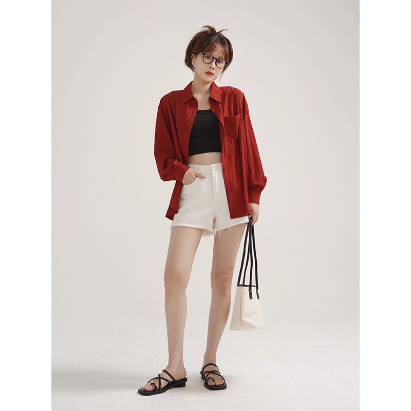 法式复古红色长袖衬衫外套洋气慵懒风2023年新款设计感宽松上衣女