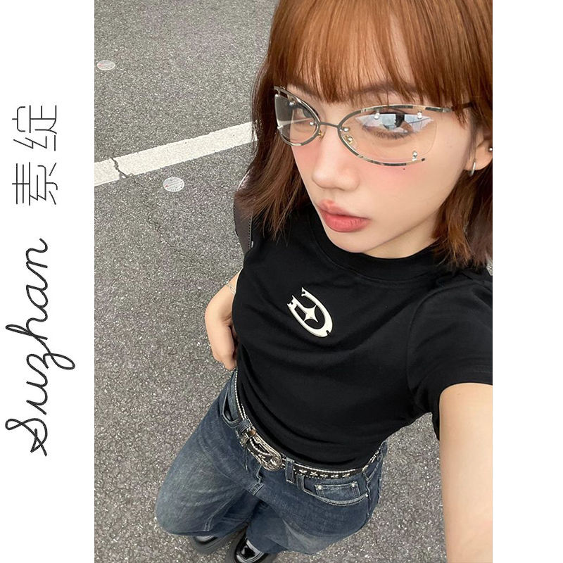 夏季新款顯瘦印花短款高腰顯瘦上衣女純欲風正肩甜辣短袖t恤衫女