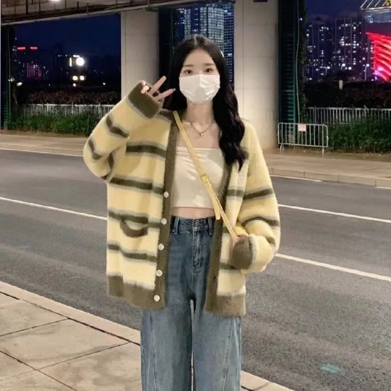 2023秋冬甜美學院慵懶風開衫女秋冬v領加厚條紋針織外套上衣新款