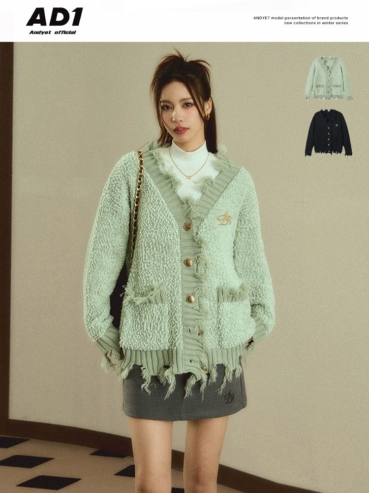 ANDYET AD1 23/SS 原創V領毛邊破洞開衫夾克春季寬鬆針織衫外套女