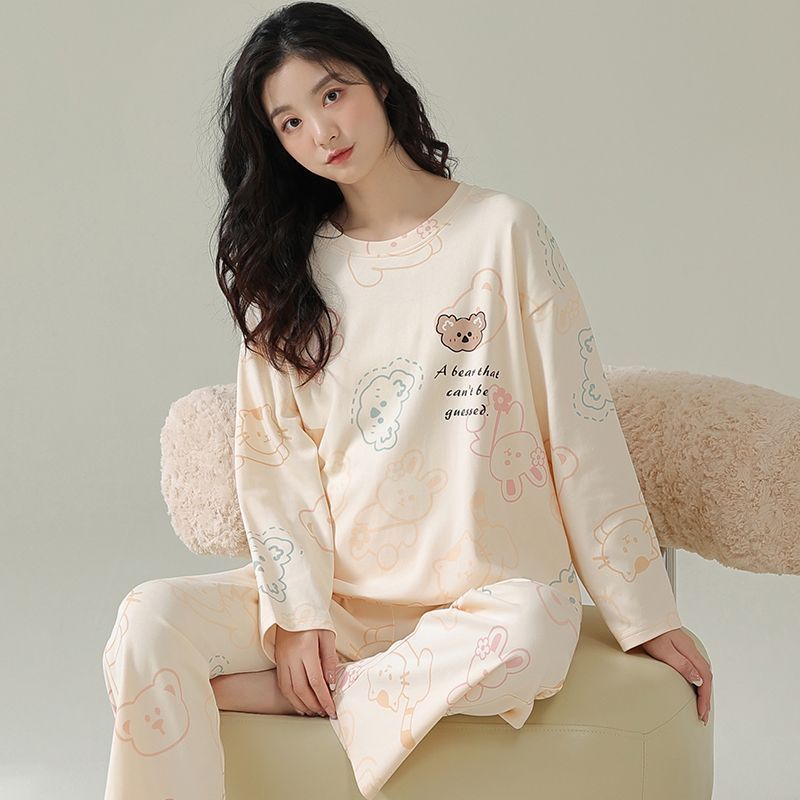 新品睡衣女春秋季長袖長褲學生套裝冬天休閒寬鬆可愛家居服可外穿