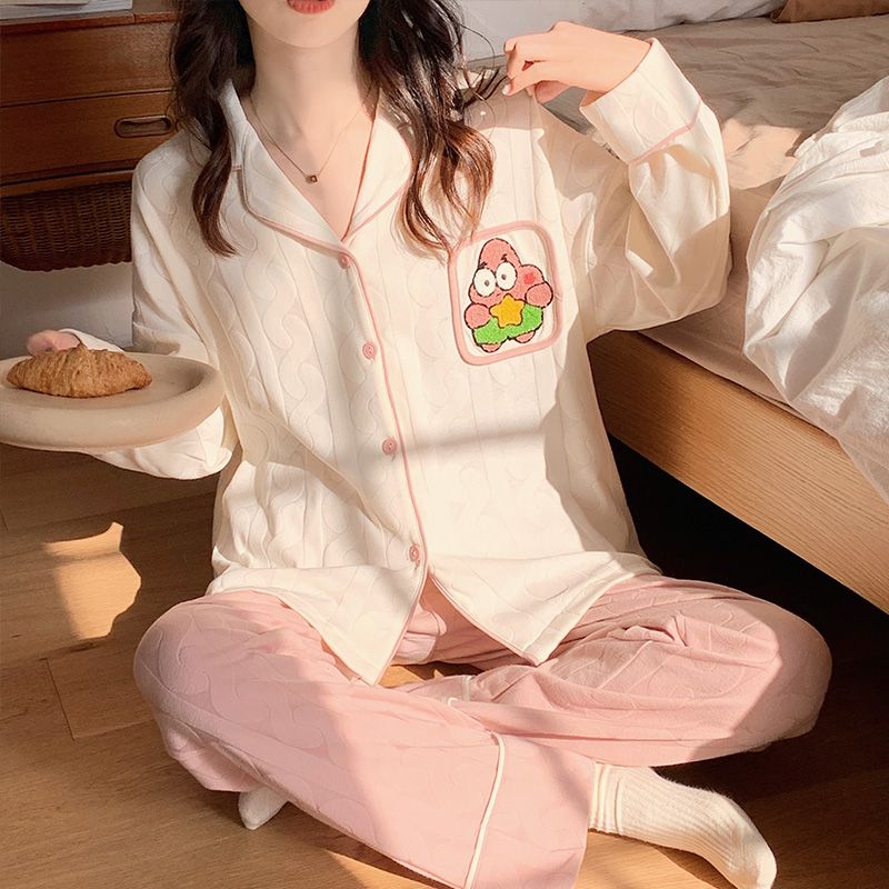 卡通睡衣女春秋季長袖純棉2023年新款家居服開衫可愛夏天網紅套裝