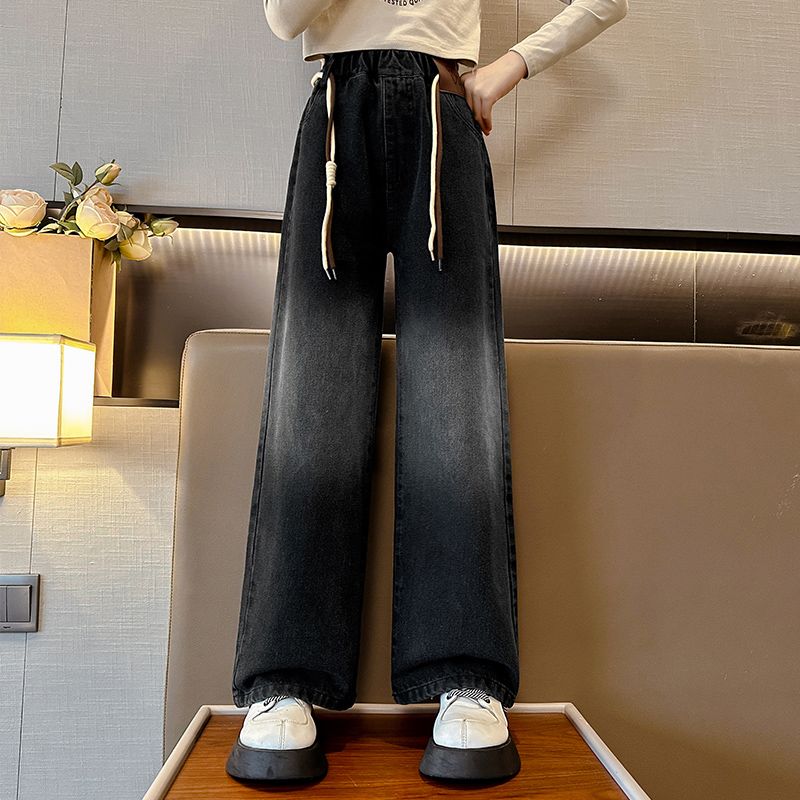 女童漸變牛仔闊腿褲春秋裝2023新款兒童秋裝褲子女孩直筒休閒長褲